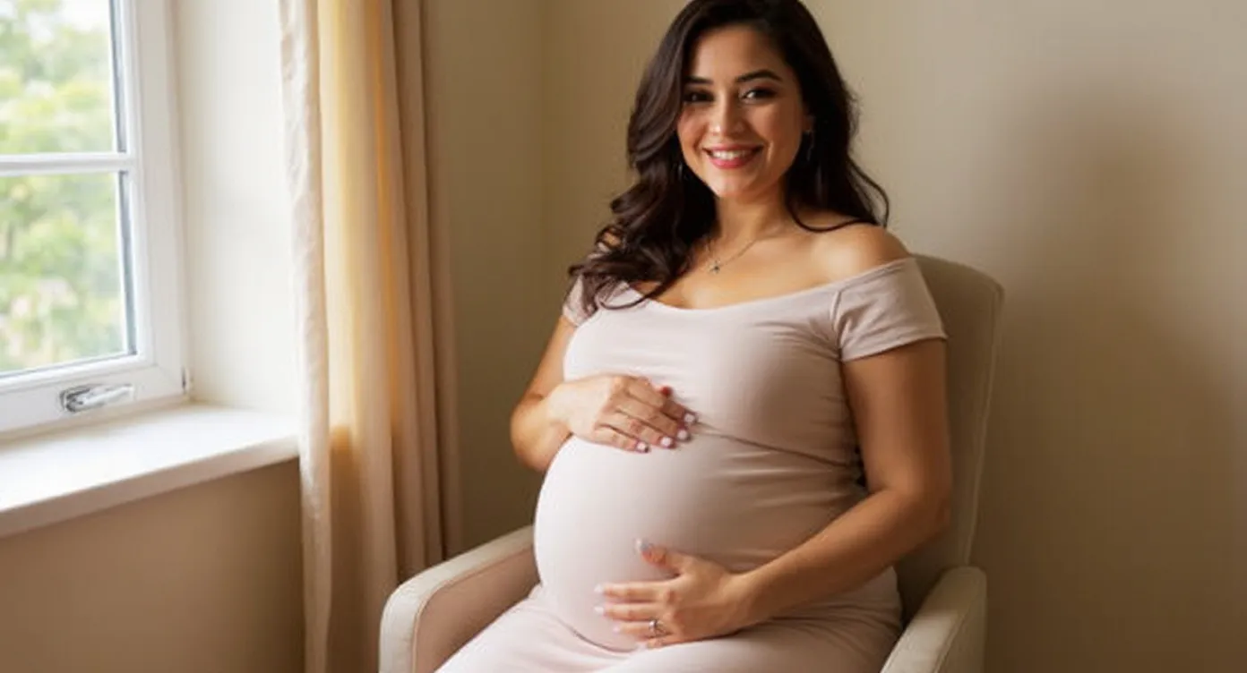 Femme enceinte souriante annonçant sa grossesse avec émotion et douceur