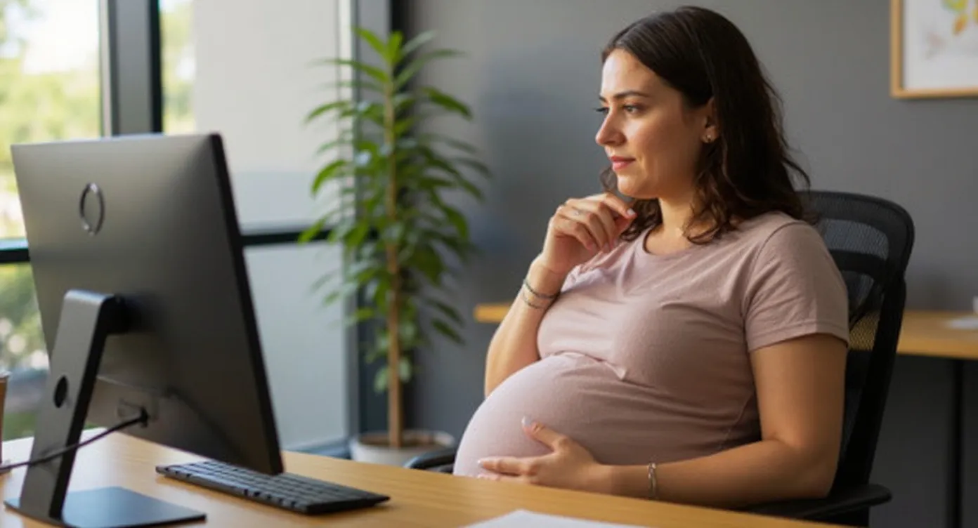 Femme enceinte réfléchissant à quand annoncer sa grossesse au travail