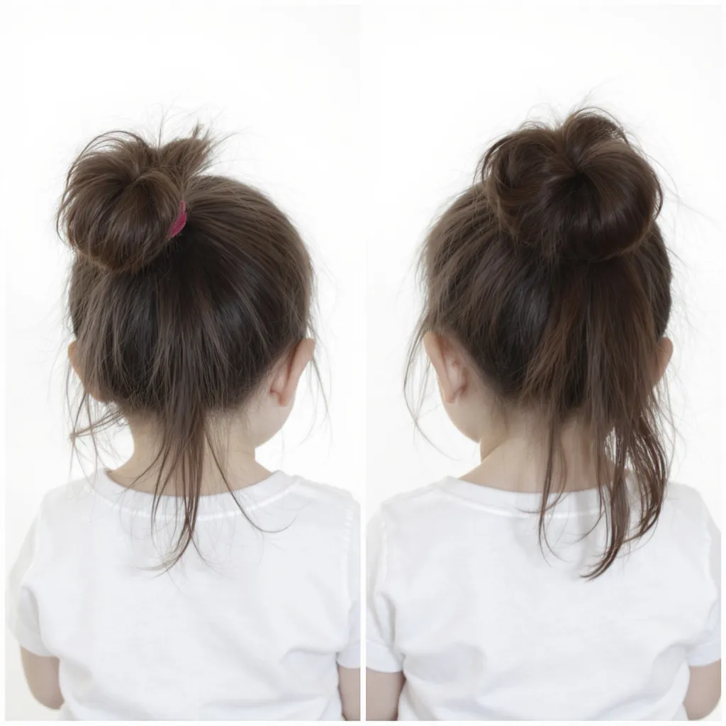 Bébé aux cheveux longs coiffés en mini chignon flou