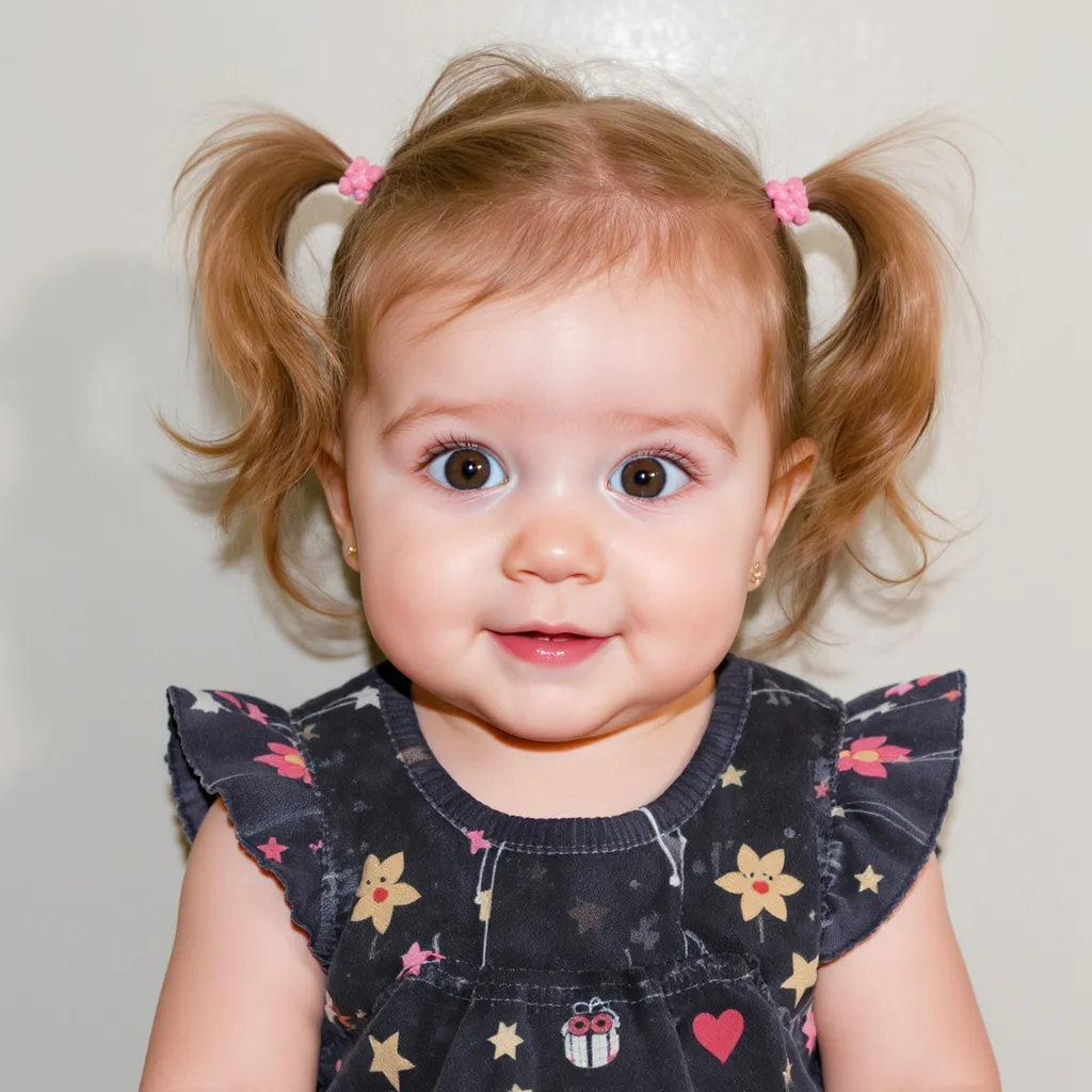 Bébé aux cheveux longs attachés en mini couettes adorables