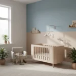 Chambre bébé garçon style scandinave en bois clair et bleu glacier, ambiance apaisante et lumineuse.