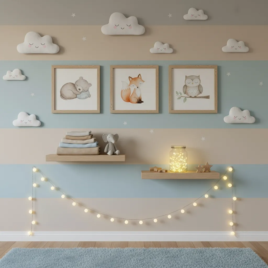 Décoration murale de chambre bébé garçon avec stickers nuages et cadres animaux, ambiance douce et rassurante.