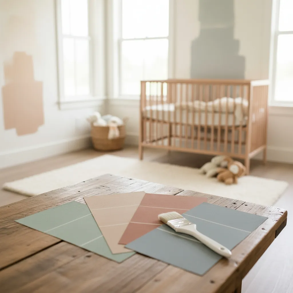 Palette de couleurs naturelles pour chambre bébé garçon avec vert sauge, beige et terracotta douce.