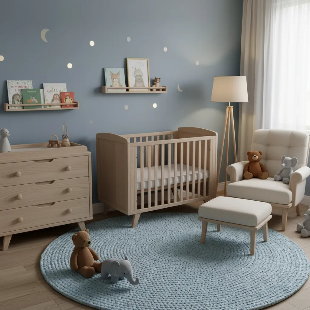 Mobilier chambre bébé garçon : lit évolutif en bois clair, étagères, fauteuil d’allaitement et tapis moelleux, ambiance cocooning avec lumière tamisée, photo réaliste.