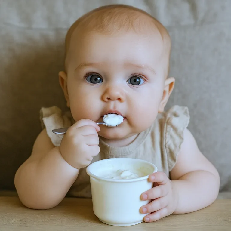 Bébé mangeant un yaourt nature adapté dès 6 mois