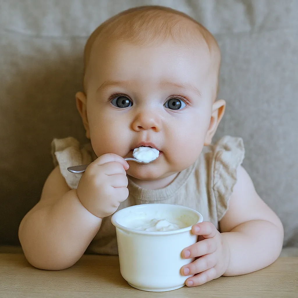 Bébé mangeant un yaourt nature adapté dès 6 mois
