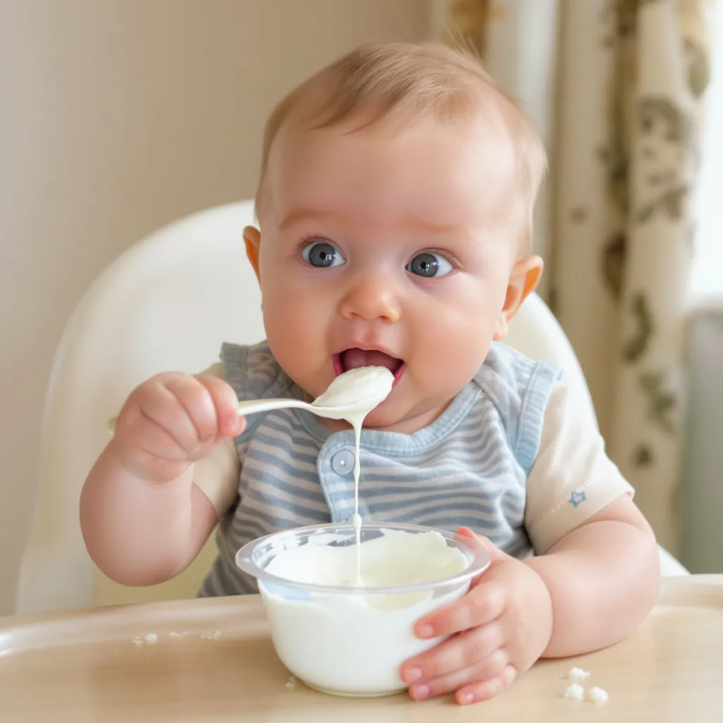 Bébé mangeant son premier yaourt avec une cuillère