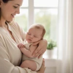Bébé calme et apaisé dans les bras de sa maman