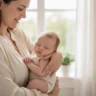 Bébé calme et apaisé dans les bras de sa maman