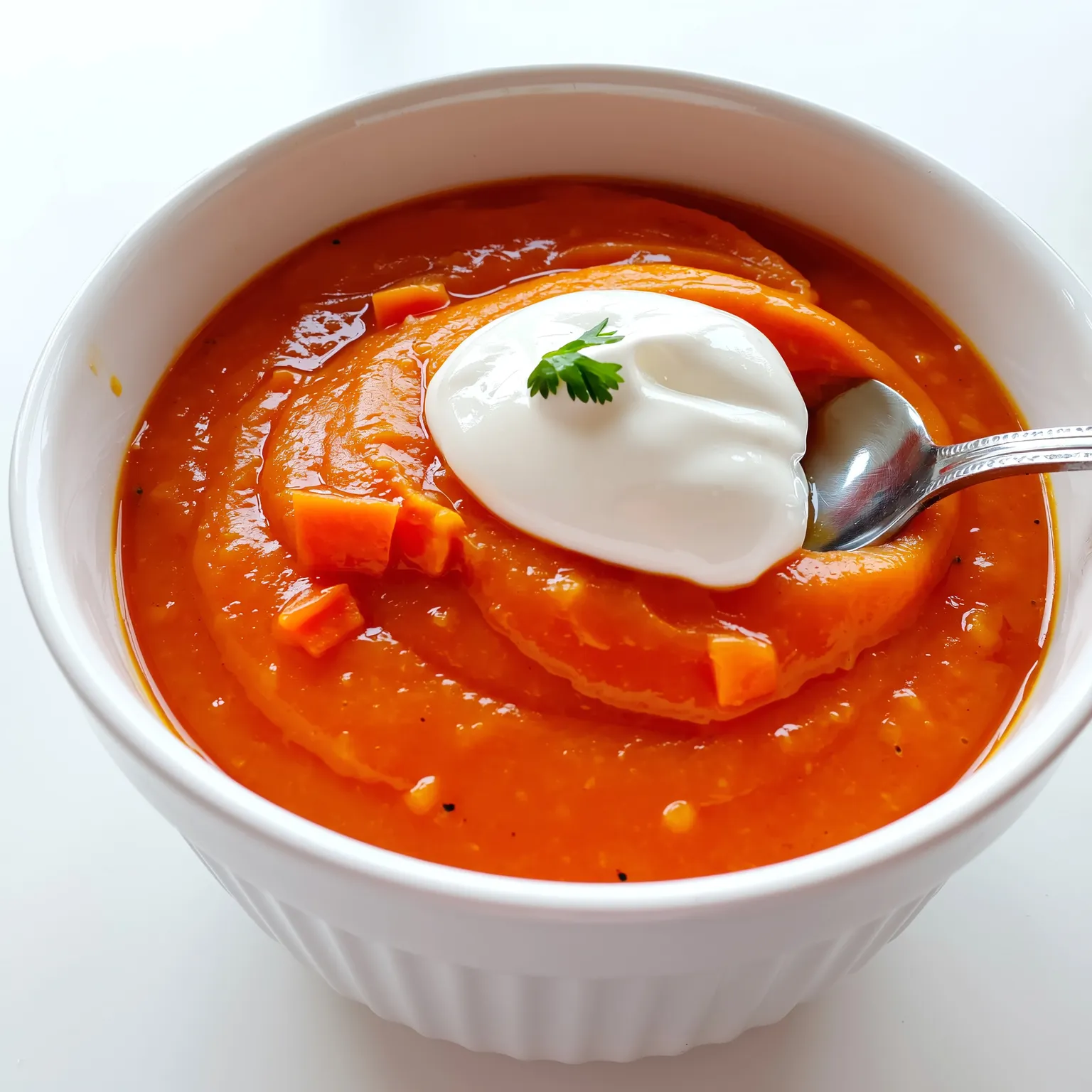 Purée de légumes pour bébé avec une cuillère de crème fraîche