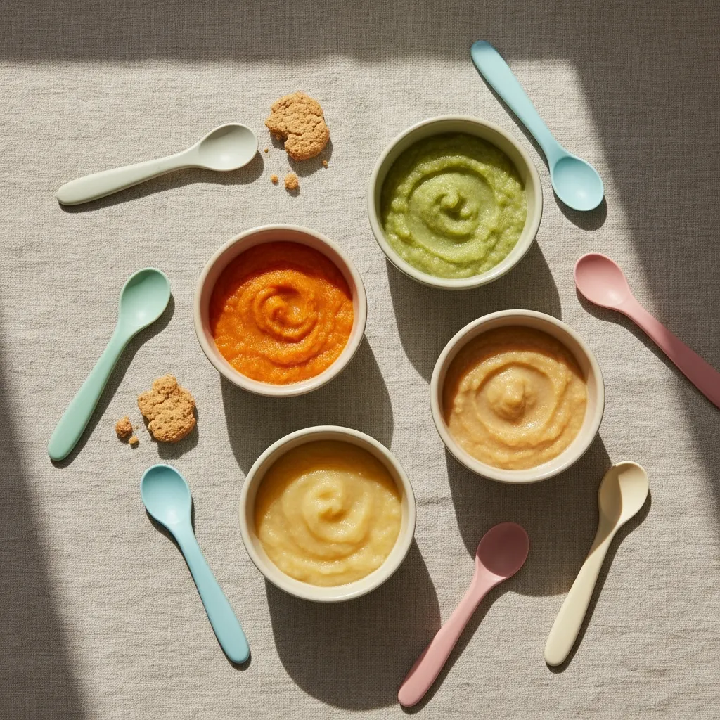 Purées maison colorées pour bébé de 6 mois : carotte, courgette, patate douce et pomme, textures variées pour la diversification.
