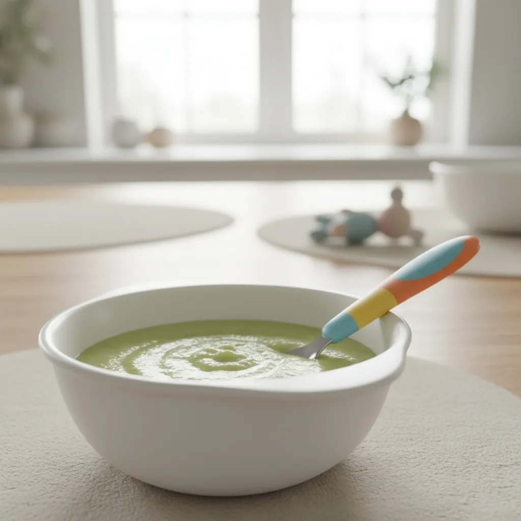 Purée de courgette douce et légère pour bébé de 6 mois, texture lisse et digeste, parfaite pour varier les saveurs vertes.
