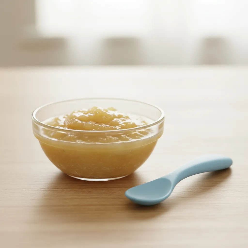 Compote pomme-poire pour bébé de 6 mois, onctueuse et naturellement sucrée, servie tiède ou froide sans sucre ajouté.