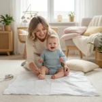 Maman mesurant le pied de son bébé sur une feuille blanche avec un crayon, méthode simple pour connaître la taille du pied à la maison.