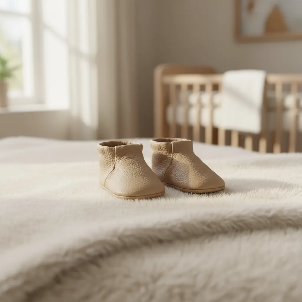 Premières chaussures de bébé en cuir souple beige, légères et flexibles, posées sur un plaid doux.