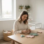 Maman pliant des vêtements de bébé sur une table, préparant les tenues selon la taille et la saison, ambiance douce et organisée.