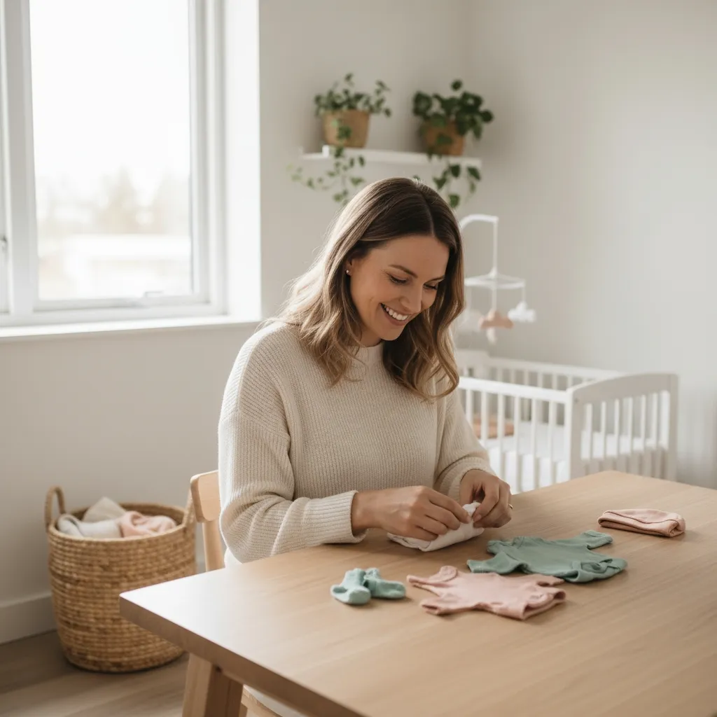 Maman pliant des vêtements de bébé sur une table, préparant les tenues selon la taille et la saison, ambiance douce et organisée.