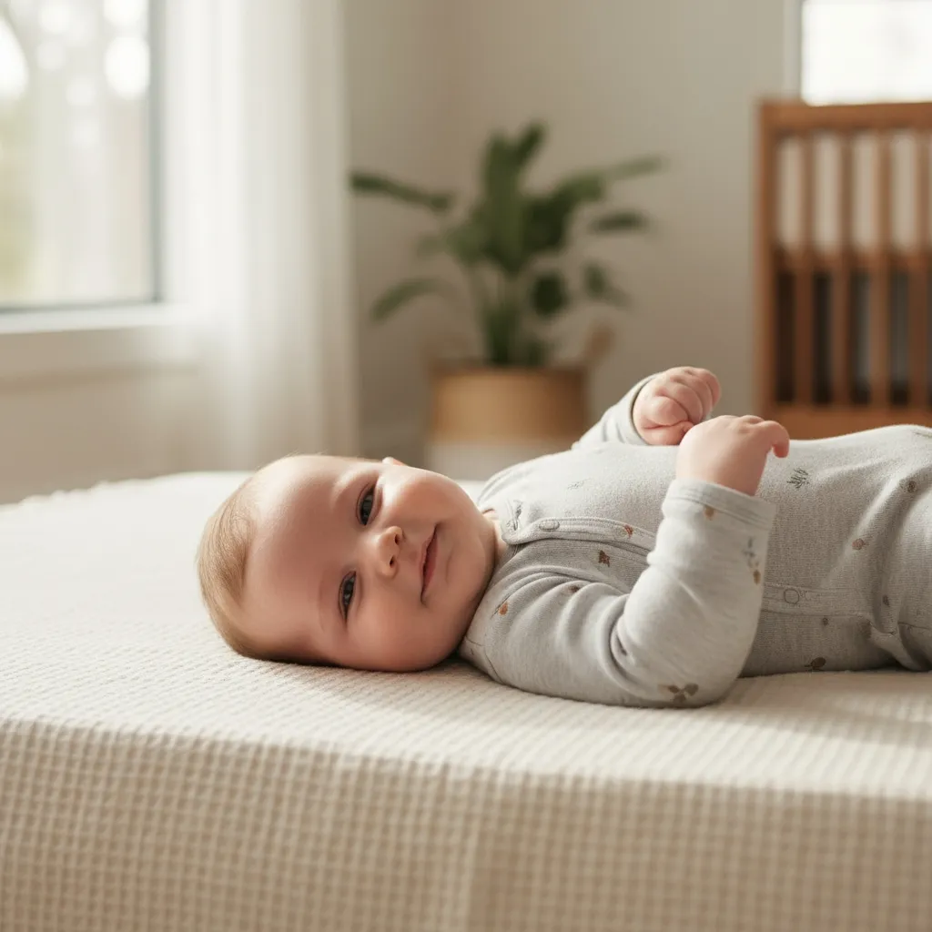 Bébé en body coton doux bien ajusté à sa taille, allongé sur un plaid, confort et liberté de mouvement.