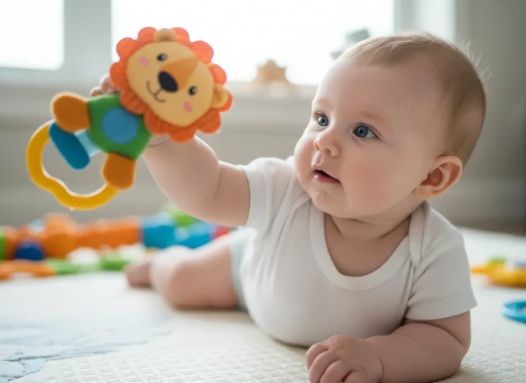 bebe attrape un jouet pour la premiere fois, couche sur le ventre dans sa chambre, saisit un hochet en forme de lion