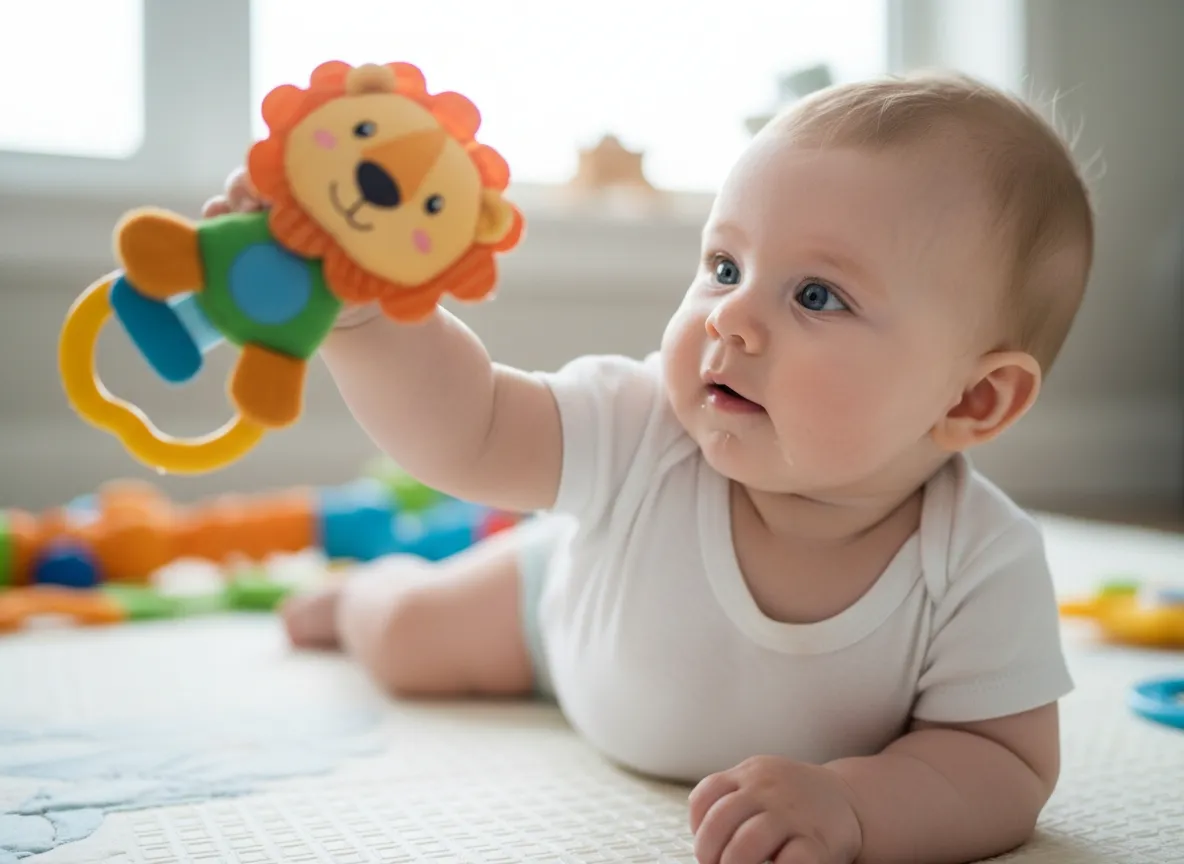 bebe attrape un jouet pour la premiere fois, couche sur le ventre dans sa chambre, saisit un hochet en forme de lion