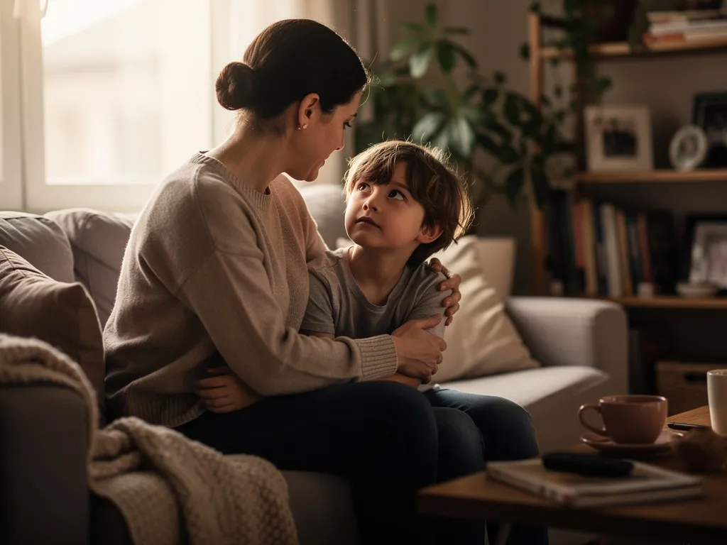 Discussion apaisée entre une maman et son enfant après un conflit, dans un salon lumineux, illustrant la réparation émotionnelle au quotidien.