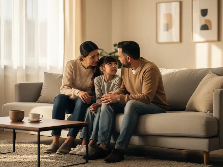 Parent et enfant discutant calmement après un conflit dans un salon lumineux, illustrant la gestion sereine des tensions familiales.