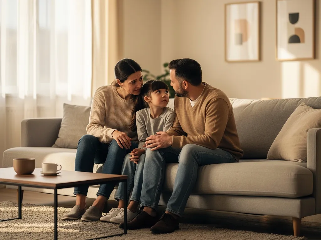 Parent et enfant discutant calmement après un conflit dans un salon lumineux, illustrant la gestion sereine des tensions familiales.