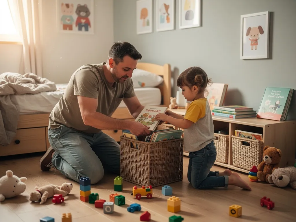 Parent et enfant en train de ranger une chambre ensemble pour instaurer des routines sereines et réduire les conflits du quotidien.