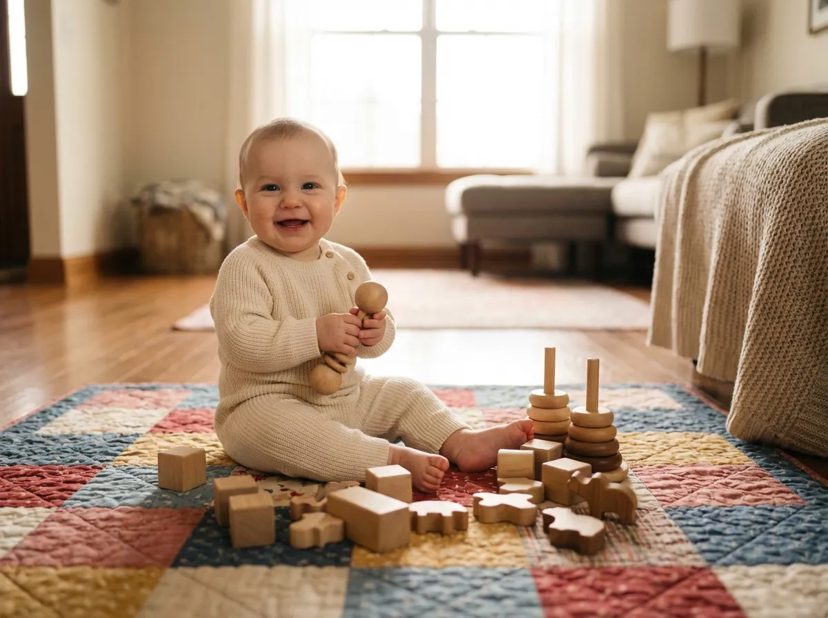 Bébé de 8 mois assis sur un tapis d'éveil coloré entouré de jouets sensoriels en bois, lumière naturelle douce