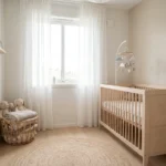 Chambre de bébé épurée avec lit à barreaux en bois clair, mobile suspendu et panier de rangement, lumière naturelle douce