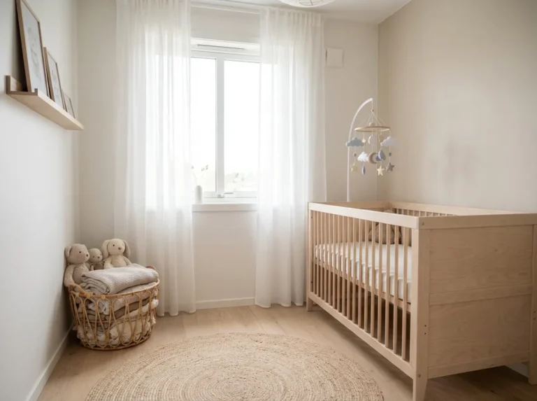 Chambre de bébé épurée avec lit à barreaux en bois clair, mobile suspendu et panier de rangement, lumière naturelle douce