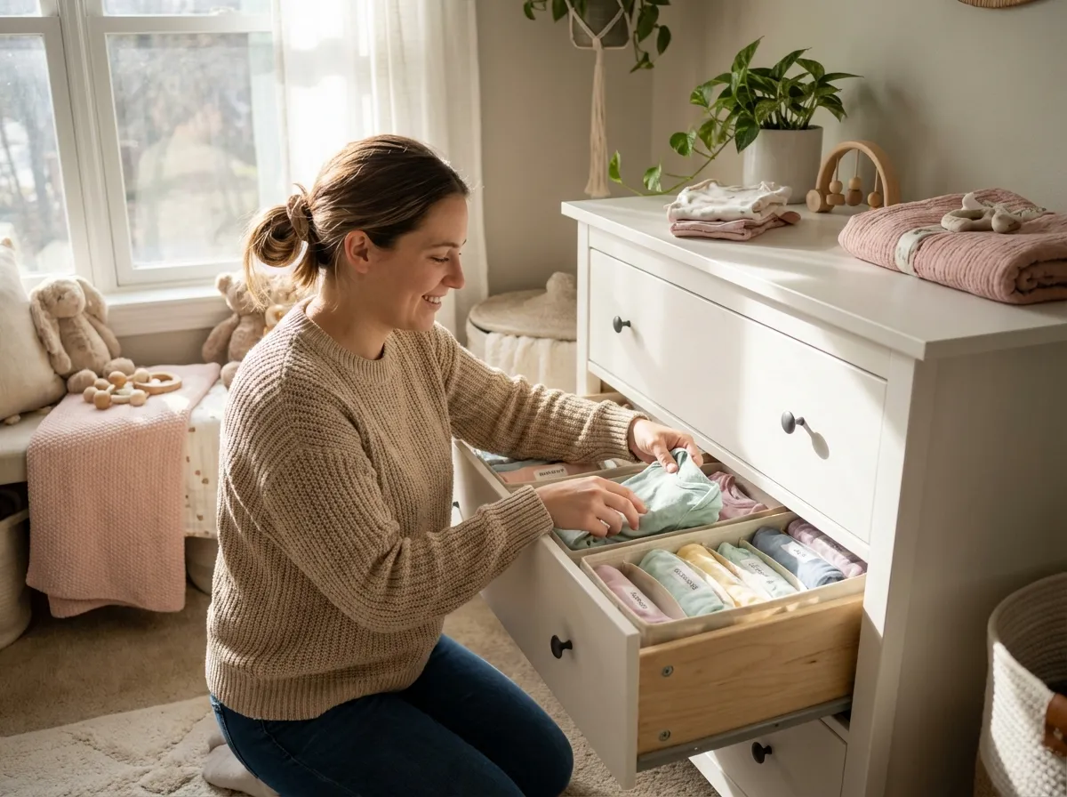 Maman organisant des vêtements de bébé par taille dans des tiroirs blancs avec séparateurs, lumière douce naturelle