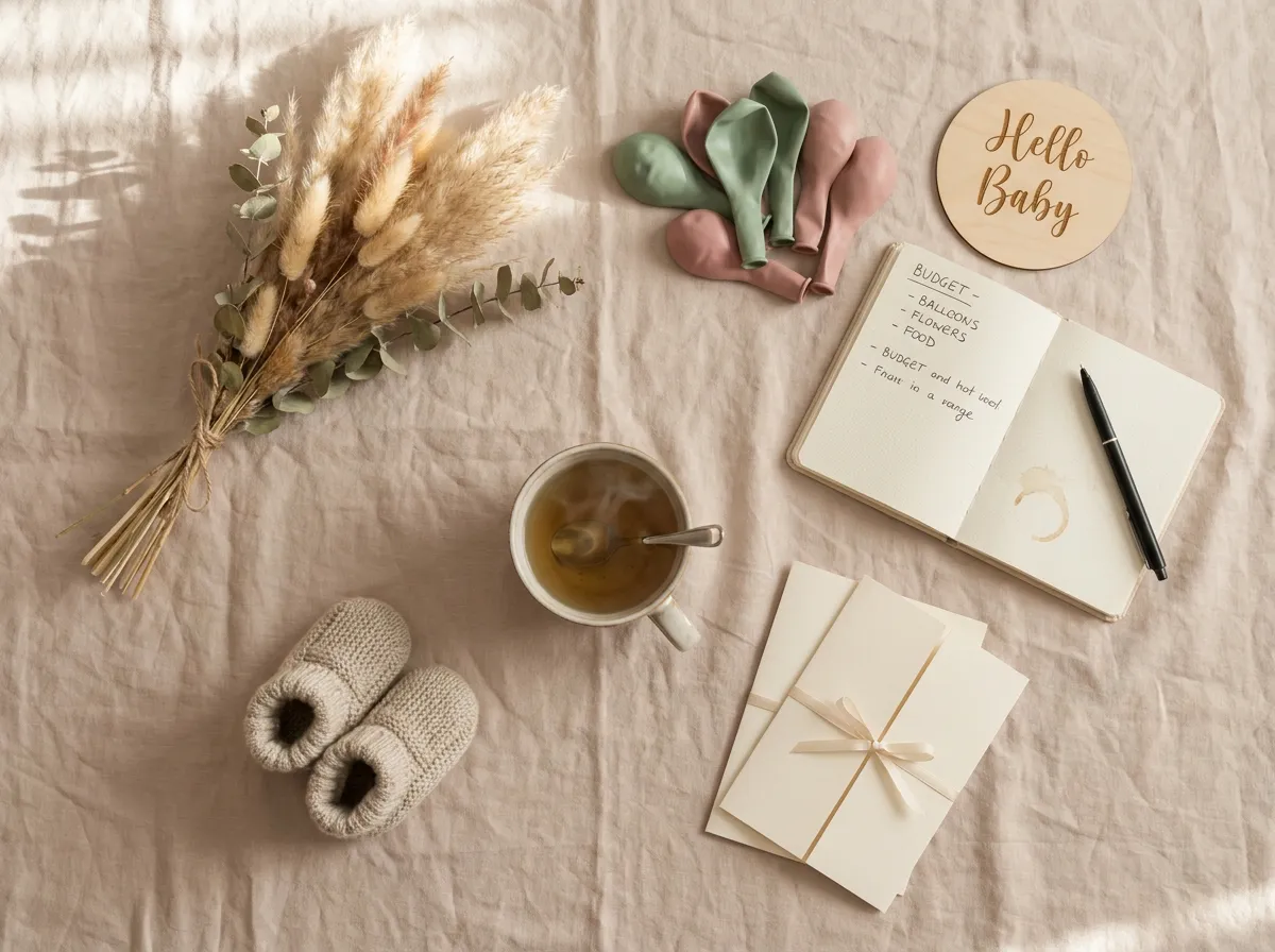 Vue de dessus de matériel de baby shower et carnet de budget posés sur une table