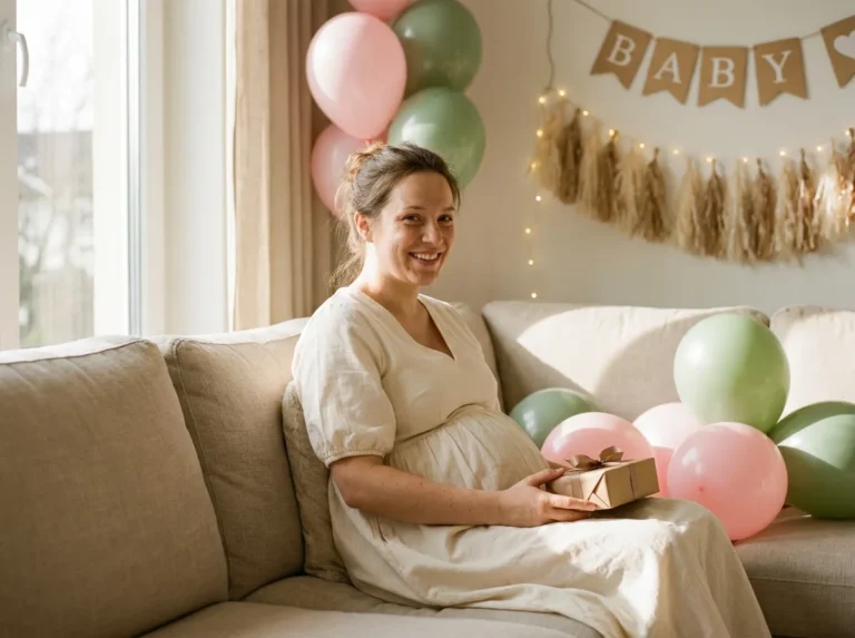 Future maman enceinte assise sur un canapé entourée de décoration de baby shower pastel
