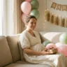 Future maman enceinte assise sur un canapé entourée de décoration de baby shower pastel