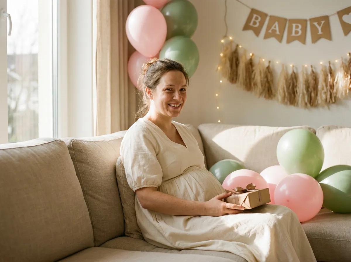 Future maman enceinte assise sur un canapé entourée de décoration de baby shower pastel
