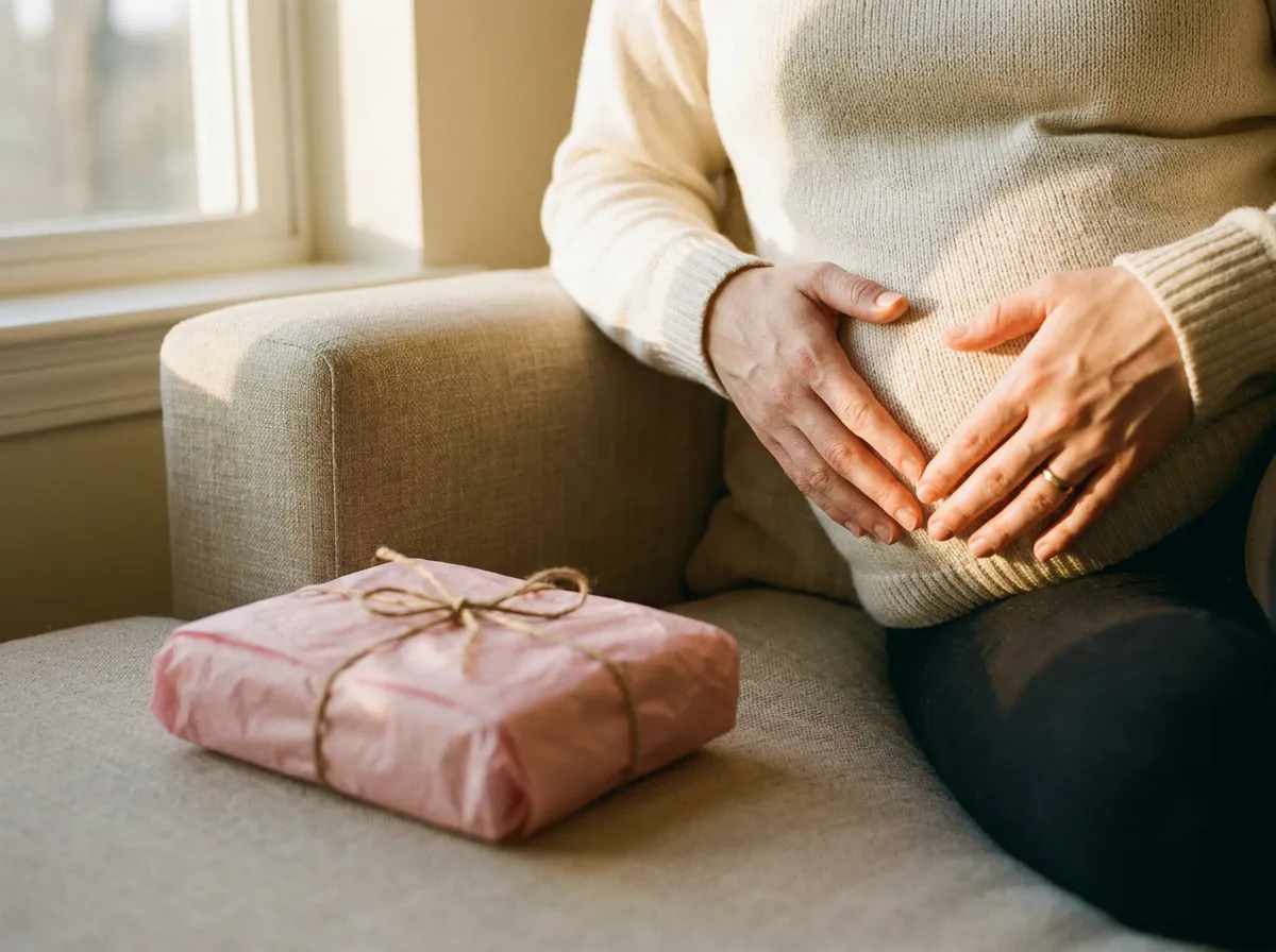 Mains d'une femme enceinte posées sur son ventre de 7 mois à côté d'un cadeau