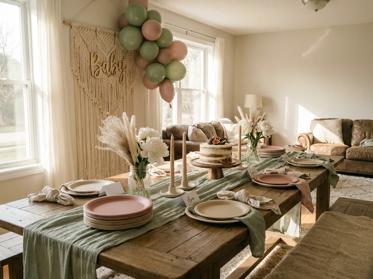 Table de baby shower minimaliste décorée en sage et rose poudré avec gâteau et fleurs