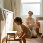 Jeune enfant en culotte d’apprentissage dans une salle de bain familiale lumineuse pendant l’apprentissage de la propreté