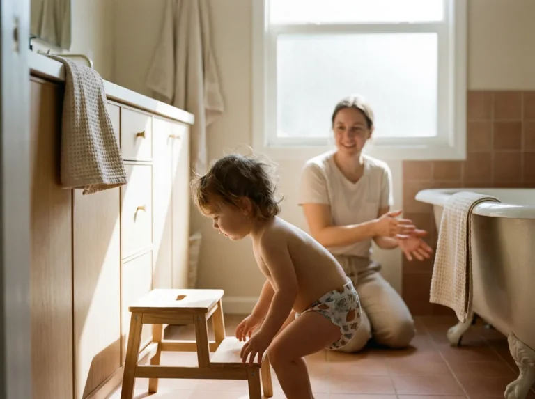 Jeune enfant en culotte d’apprentissage dans une salle de bain familiale lumineuse pendant l’apprentissage de la propreté