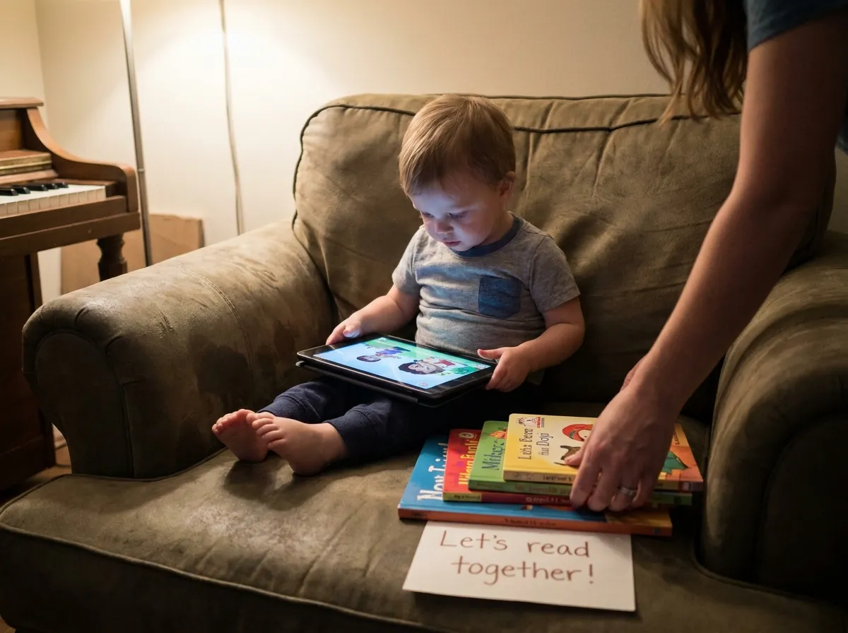 enfant en bas âge regardant seul une tablette dans un salon