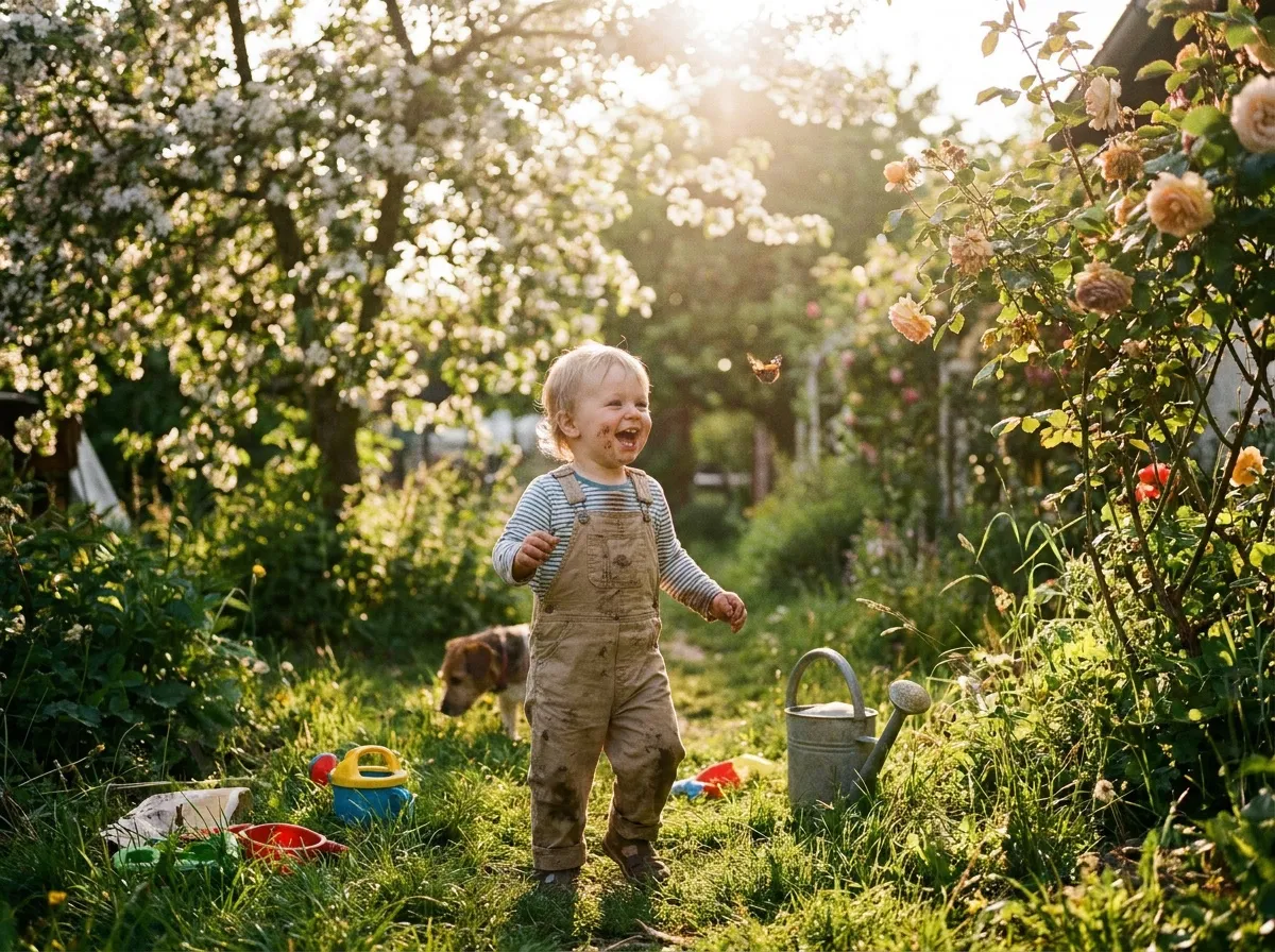jeune enfant jouant en plein air dans un jardin ensoleillé