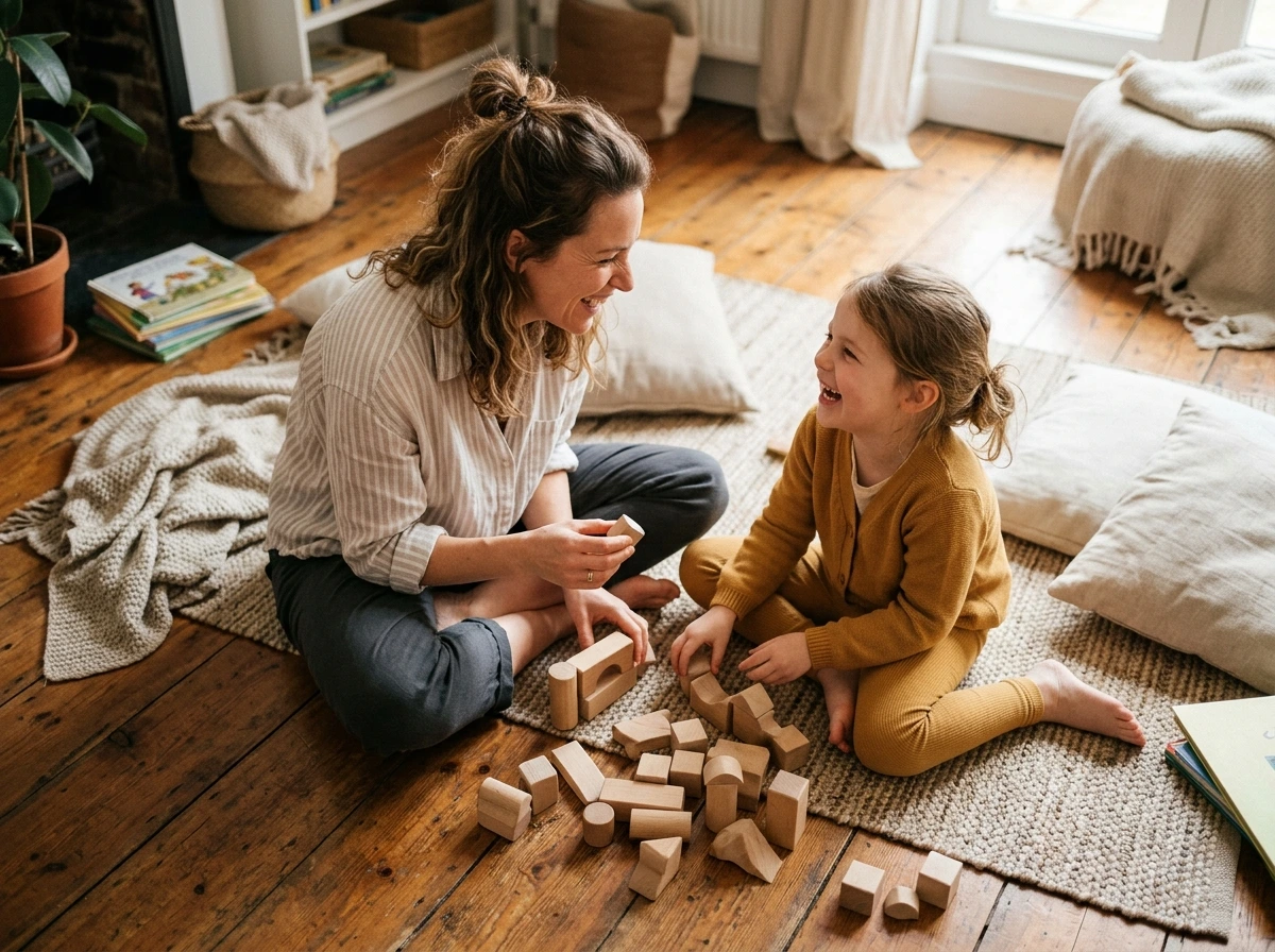 Parent et enfant jouant ensemble au sol, illustrant un moment de présence totale et de connexion émotionnelle.