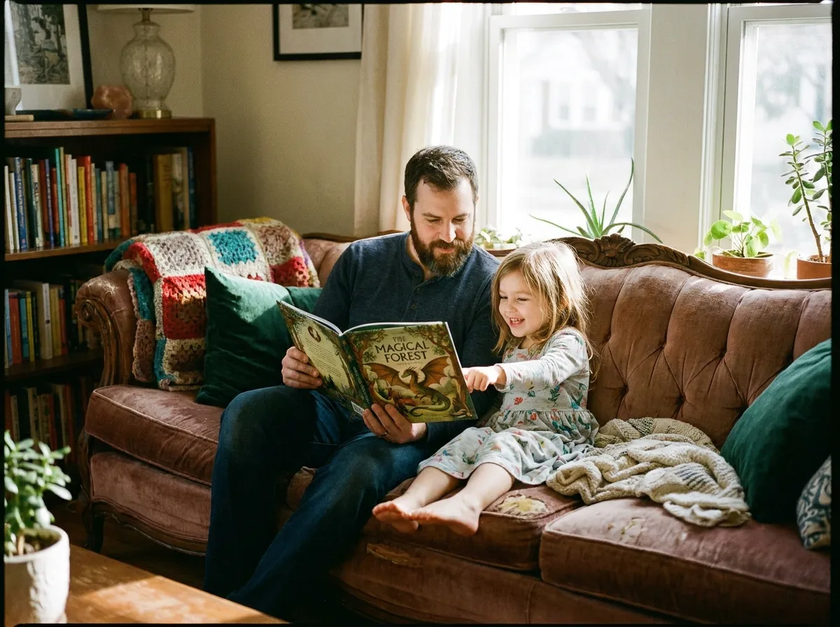 parent et enfant lisant ensemble un livre illustré sur un canapé