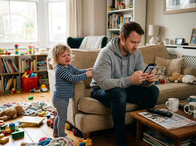 Père distrait par son téléphone alors que son jeune enfant tire sur sa manche pour demander de l'attention.