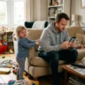 Père distrait par son téléphone alors que son jeune enfant tire sur sa manche pour demander de l'attention.
